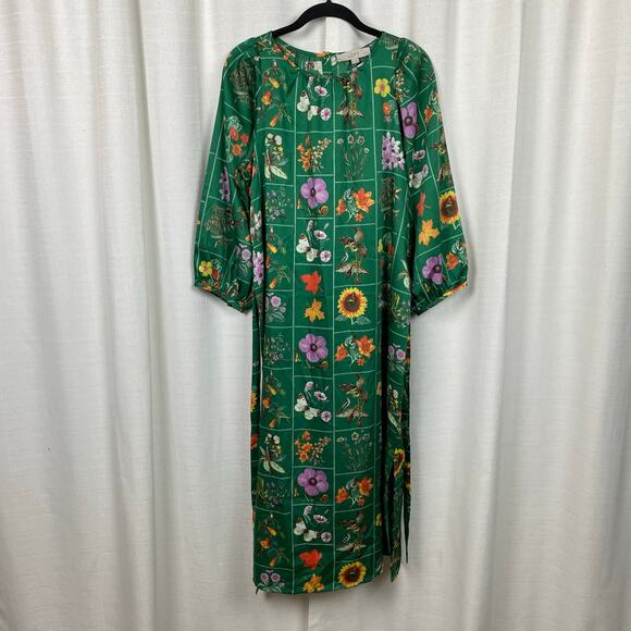 LOFT Green Floral Bird Butterfly Garden Puff Sleeve Shift Midi Dress Sz.M NWT - Picture 4 of 16